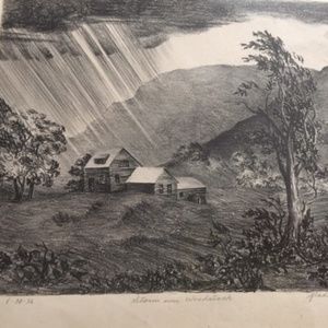 WOODSTOCK- etching from 1932- "STORM OVER WOODSTOCK"- by Glada B. Walker #6/12